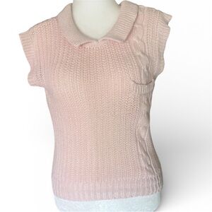 VTG Pink Cable Knit Short Sleeve Sweater Petite M/L Pocket